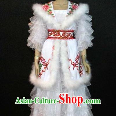 Chinese Traditional Kazak Nationality White Veil Dress Ethnic Bride Folk Dance Costume for Women