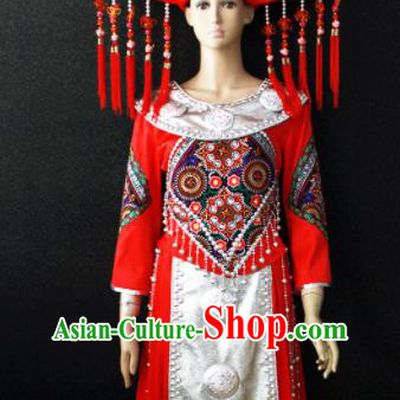 Chinese Traditional Zhuang Nationality Red Dress Ethnic Bride Folk Dance Costume for Women