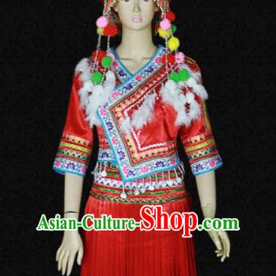 Chinese Traditional Bai Nationality Red Dress Ethnic Bride Folk Dance Costume for Women
