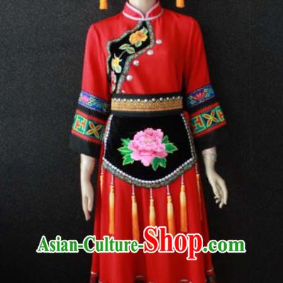 Chinese Traditional Zhuang Nationality Red Dress Ethnic Bride Folk Dance Costume for Women