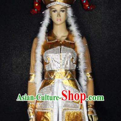 Chinese Traditional Mongols Nationality Princess Golden Dress Ethnic Bride Folk Dance Costume for Women