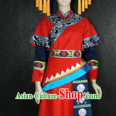 Chinese Traditional Zhuang Nationality Red Dress Ethnic Bride Folk Dance Costume for Women