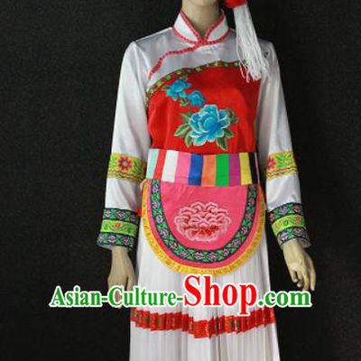 Chinese Traditional Lisu Nationality White Dress Ethnic Bride Folk Dance Costume for Women