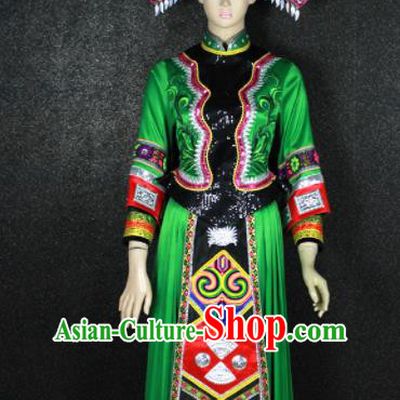 Chinese Traditional Zhuang Nationality Green Dress Ethnic Bride Folk Dance Costume for Women