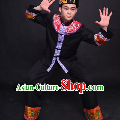 Chinese Traditional Ethnic Black Costume Mulao Nationality Festival Folk Dance Clothing for Men