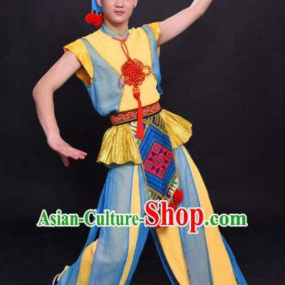 Chinese Traditional Ethnic Yellow Costume Yao Nationality Festival Folk Dance Clothing for Men