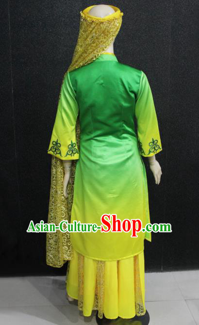 Chinese Traditional Hui Nationality Green Dress Ethnic Folk Dance Costume for Women