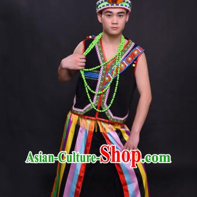 Chinese Traditional Ethnic Black Costume Gaoshan Nationality Festival Folk Dance Clothing for Men