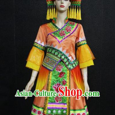 Chinese Traditional Zhuang Nationality Orange Dress Ethnic Folk Dance Costume for Women