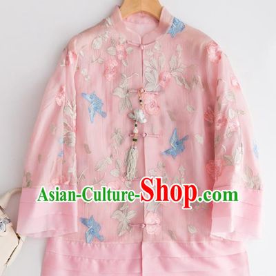 Chinese Traditional National Costume Tang Suit Embroidered Pink Organza Blouse Upper Outer Garment for Women