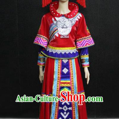 Chinese Traditional Zhuang Nationality Wedding Dress Ethnic Folk Dance Costume for Women