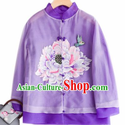 Chinese Traditional National Costume Tang Suit Embroidered Purple Organza Jacket Upper Outer Garment for Women