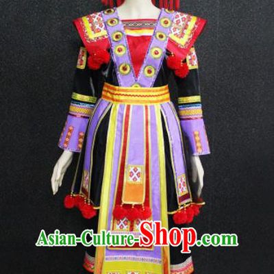 Chinese Traditional Yao Nationality Black Dress Ethnic Folk Dance Costume for Women