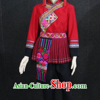 Chinese Traditional Yao Nationality Red Clothing Ethnic Folk Dance Costume for Women