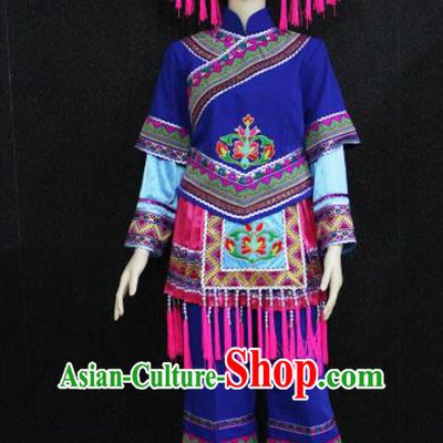 Chinese Traditional Zhuang Nationality Female Blue Clothing Ethnic Folk Dance Costume for Women