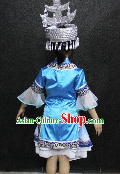 Chinese Traditional Folk Dance Costume Shui Nationality Ethnic Blue Dress for Kids