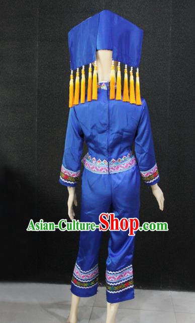 Chinese Traditional Zhuang Nationality Female Blue Clothing Ethnic Folk Dance Costume for Women Chinese Traditional Zhuang Nationality Female Blue Clothing Ethnic Folk Dance Costume for Women