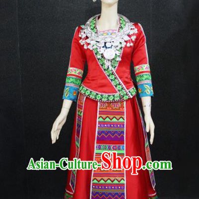 Chinese Traditional Miao Nationality Wedding Red Dress Ethnic Folk Dance Costume for Women