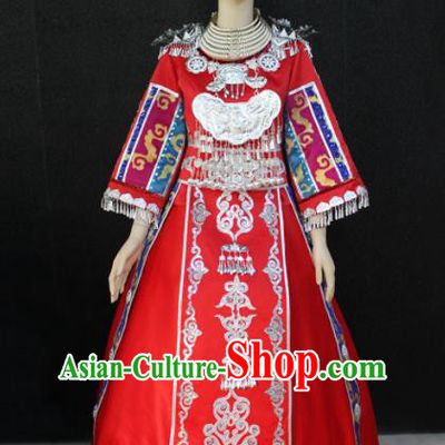 Chinese Traditional Miao Nationality Wedding Red Dress Ethnic Folk Dance Costume for Women