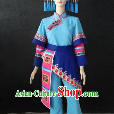 Chinese Traditional Zhuang Nationality Light Blue Clothing Ethnic Folk Dance Costume for Women