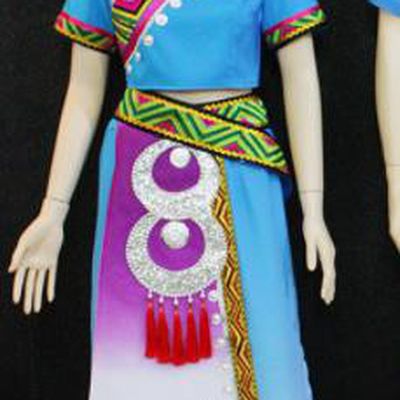 Chinese Traditional Zhuang Nationality Female Blue Dress Ethnic Folk Dance Costume for Women