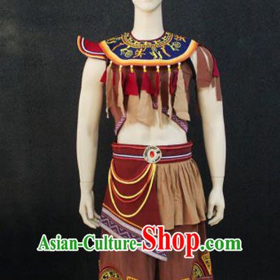 Chinese Traditional Ethnic Brown Costume Zhuang Nationality Festival Folk Dance Clothing for Men