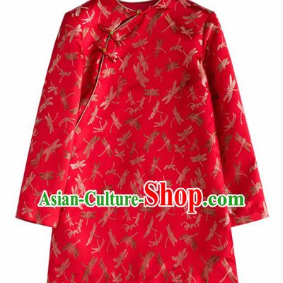 Chinese Traditional National Costume Tang Suit Red Brocade Jacket Upper Outer Garment for Women
