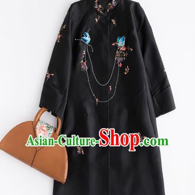 Chinese Traditional National Costume Tang Suit Black Dust Coat Embroidered Upper Outer Garment for Women