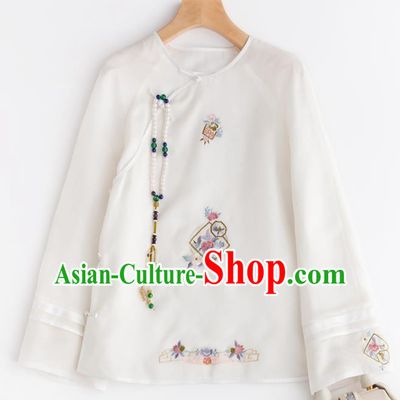 Chinese Traditional National Costume Tang Suit Embroidered White Blouse Upper Outer Garment for Women