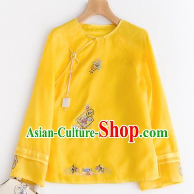 Chinese Traditional National Costume Tang Suit Embroidered Yellow Blouse Upper Outer Garment for Women