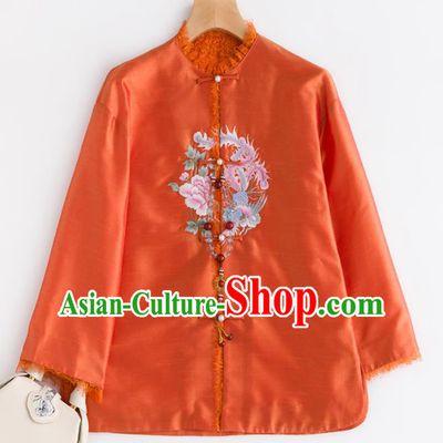Chinese Traditional National Costume Tang Suit Upper Outer Garment Embroidered Orange Jacket for Women