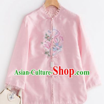 Chinese Traditional National Costume Tang Suit Upper Outer Garment Embroidered Pink Jacket for Women