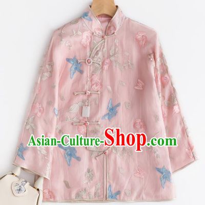Chinese Traditional National Costume Tang Suit Upper Outer Garment Embroidered Pink Blouse for Women