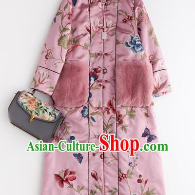 Chinese Traditional National Winter Costume Tang Suit Upper Outer Garment Embroidered Pink Coat for Women