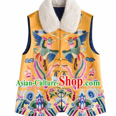Traditional Chinese National Costume Tang Suit Embroidered Yellow Waistcoat Upper Outer Garment for Women
