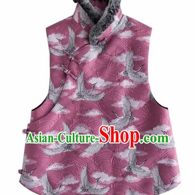 Traditional Chinese National Costume Tang Suit Embroidered Cranes Purple Waistcoat Upper Outer Garment for Women