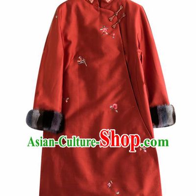 Chinese Traditional National Costume Tang Suit Cheongsam Winter Rust Red Qipao Dress for Women