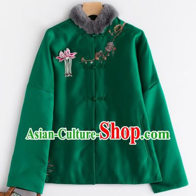 Chinese Traditional Tang Suit Green Cotton Wadded Jacket National Costume Upper Outer Garment for Women