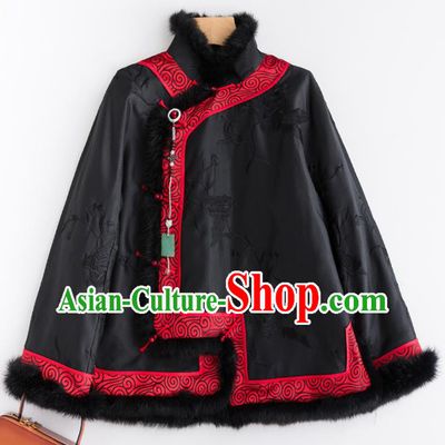 Chinese Traditional Tang Suit Black Cotton Wadded Jacket National Costume Upper Outer Garment for Women