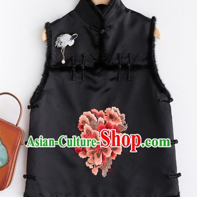 Traditional Chinese National Costume Tang Suit Embroidered Peony Black Waistcoat for Women