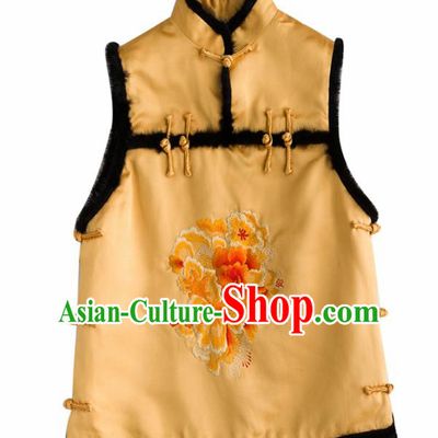 Traditional Chinese National Costume Tang Suit Embroidered Peony Yellow Waistcoat for Women