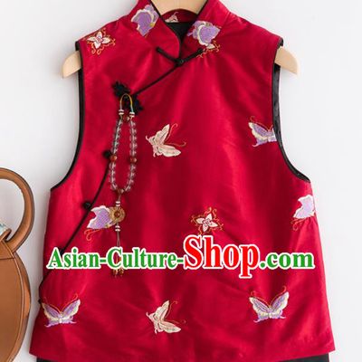 Traditional Chinese National Costume Tang Suit Embroidered Butterfly Red Waistcoat for Women