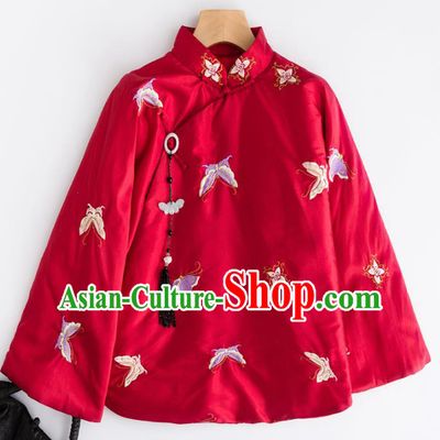 Chinese Traditional Tang Suit Embroidered Butterfly Red Cotton Padded Jacket National Costume Outer Garment for Women