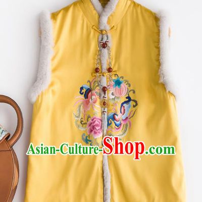 Traditional Chinese National Costume Tang Suit Embroidered Peony Yellow Waistcoat for Women