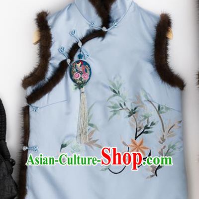 Traditional Chinese National Costume Tang Suit Embroidered Blue Brocade Waistcoat for Women