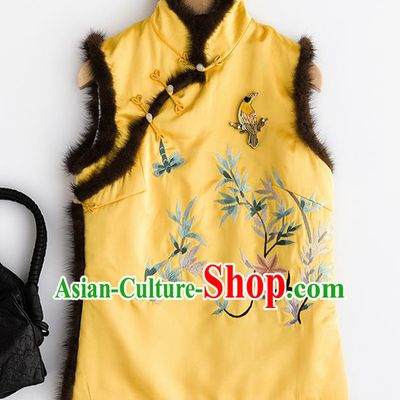 Traditional Chinese National Costume Tang Suit Embroidered Yellow Brocade Waistcoat for Women