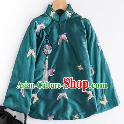 Chinese Traditional Tang Suit Embroidered Butterfly Green Cotton Padded Jacket National Costume Outer Garment for Women