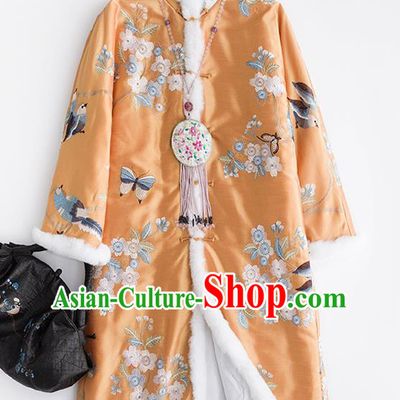 Chinese Traditional Embroidered Costume National Tang Suit Yellow Cotton Padded Coat Outer Garment for Women