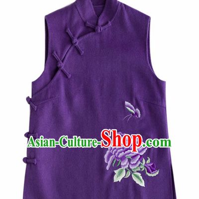 Traditional Chinese National Costume Tang Suit Embroidered Deep Purple Woolen Waistcoat for Women
