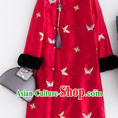 Chinese Traditional Costume National Tang Suit Embroidered Butterfly Red Coat Outer Garment for Women